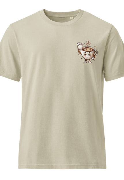 Cafe con Leche coffee with milk character illustration on garment-dyed vintage t-shirt from Del Conuco