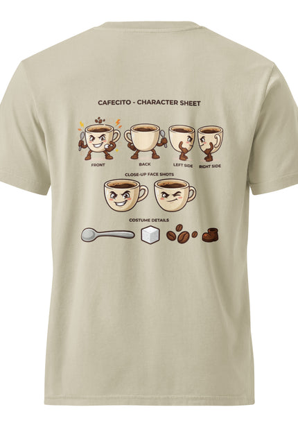 Cafecito Dominican espresso character illustration on garment-dyed vintage t-shirt from Del Conuco