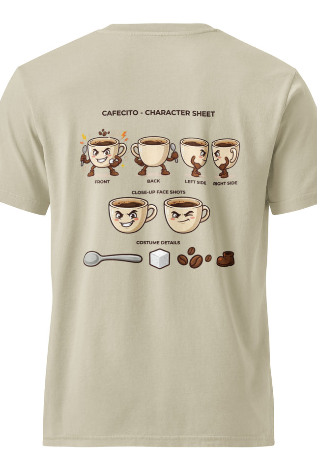 Cafecito Dominican espresso character illustration on garment-dyed vintage t-shirt from Del Conuco