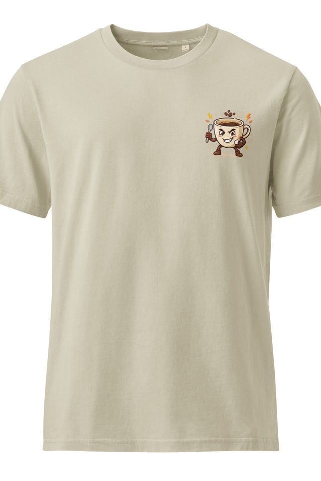 Cafecito Dominican espresso character illustration on garment-dyed vintage t-shirt from Del Conuco
