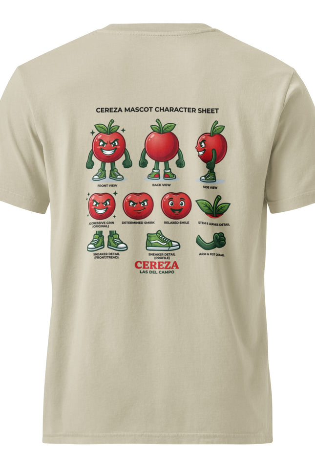 Cereza acerola cherry character illustration on garment-dyed vintage t-shirt from Del Conuco