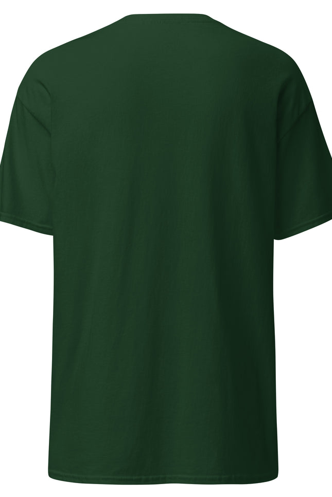 Chinola word logo printed on forest green classic t-shirt from Del Conuco, front and back view