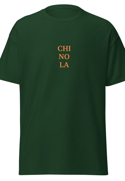 Chinola word logo printed on forest green classic t-shirt from Del Conuco, front and back view