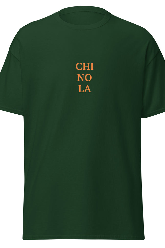Chinola word logo printed on forest green classic t-shirt from Del Conuco, front and back view