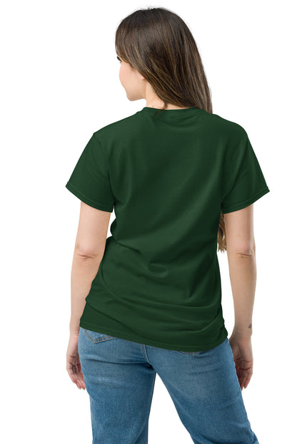 Chinola word logo printed on forest green classic t-shirt from Del Conuco, front and back view