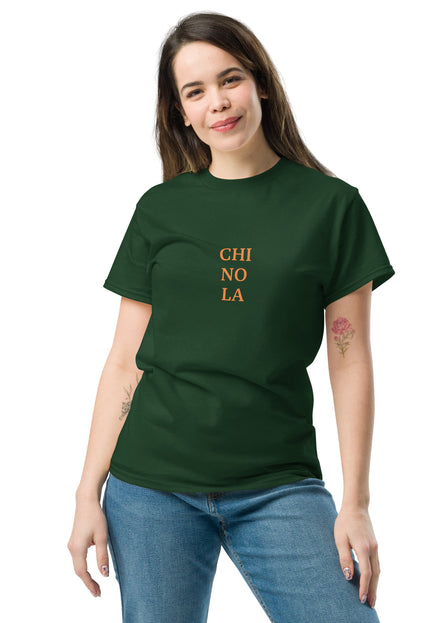 Chinola word logo printed on forest green classic t-shirt from Del Conuco, front and back view