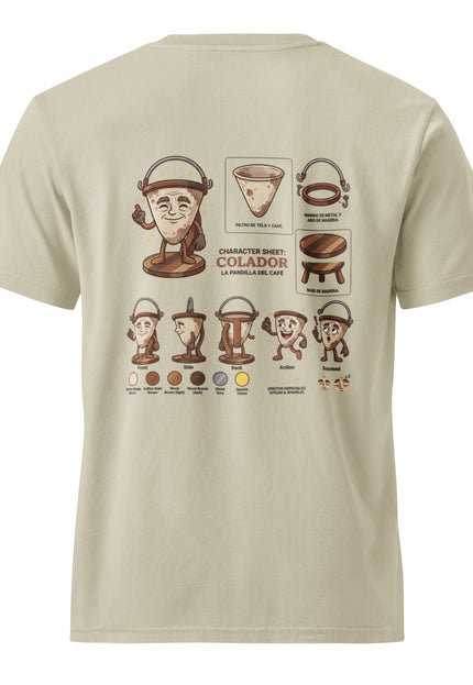 Colador traditional Dominican cloth coffee filter character illustration on garment-dyed vintage t-shirt from Del Conuco