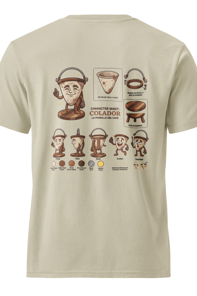 Colador traditional Dominican cloth coffee filter character illustration on garment-dyed vintage t-shirt from Del Conuco