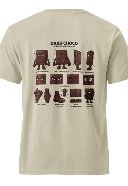 Dark Choco dark chocolate character illustration on garment-dyed vintage t-shirt from Del Conuco
