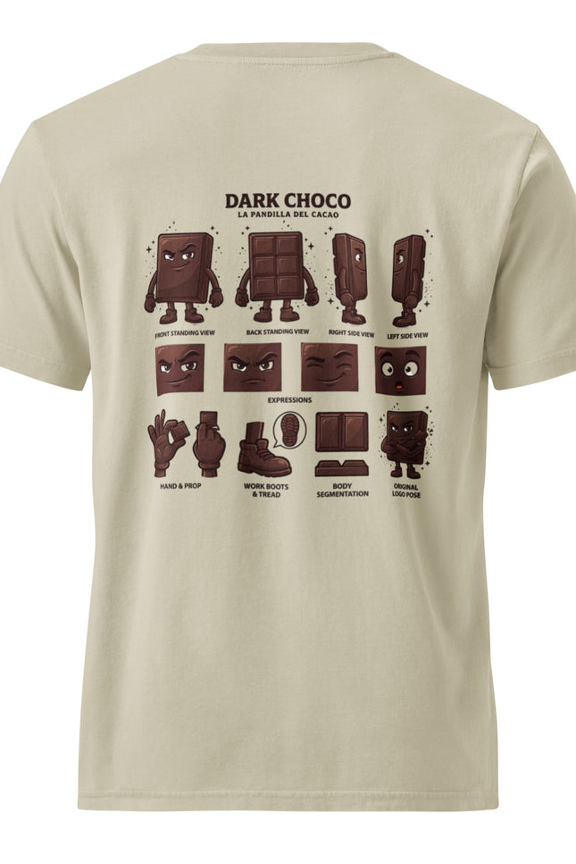 Dark Choco dark chocolate character illustration on garment-dyed vintage t-shirt from Del Conuco