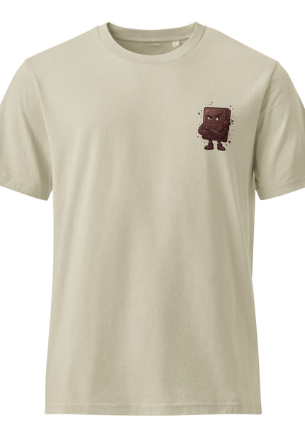 Dark Choco dark chocolate character illustration on garment-dyed vintage t-shirt from Del Conuco