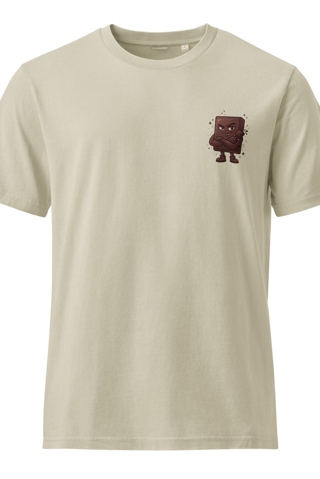 Dark Choco dark chocolate character illustration on garment-dyed vintage t-shirt from Del Conuco