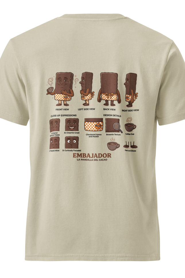 Embajador chocolate de mesa character illustration on garment-dyed vintage t-shirt from Del Conuco