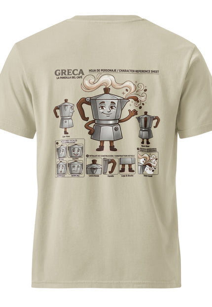 Greca stovetop moka pot character illustration on garment-dyed vintage t-shirt from Del Conuco