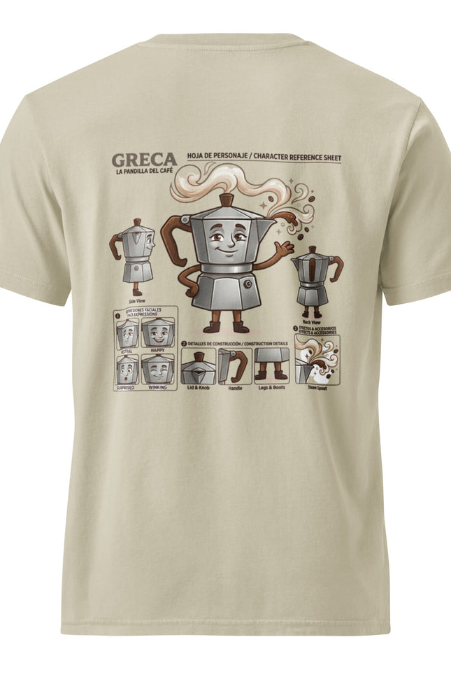 Greca stovetop moka pot character illustration on garment-dyed vintage t-shirt from Del Conuco