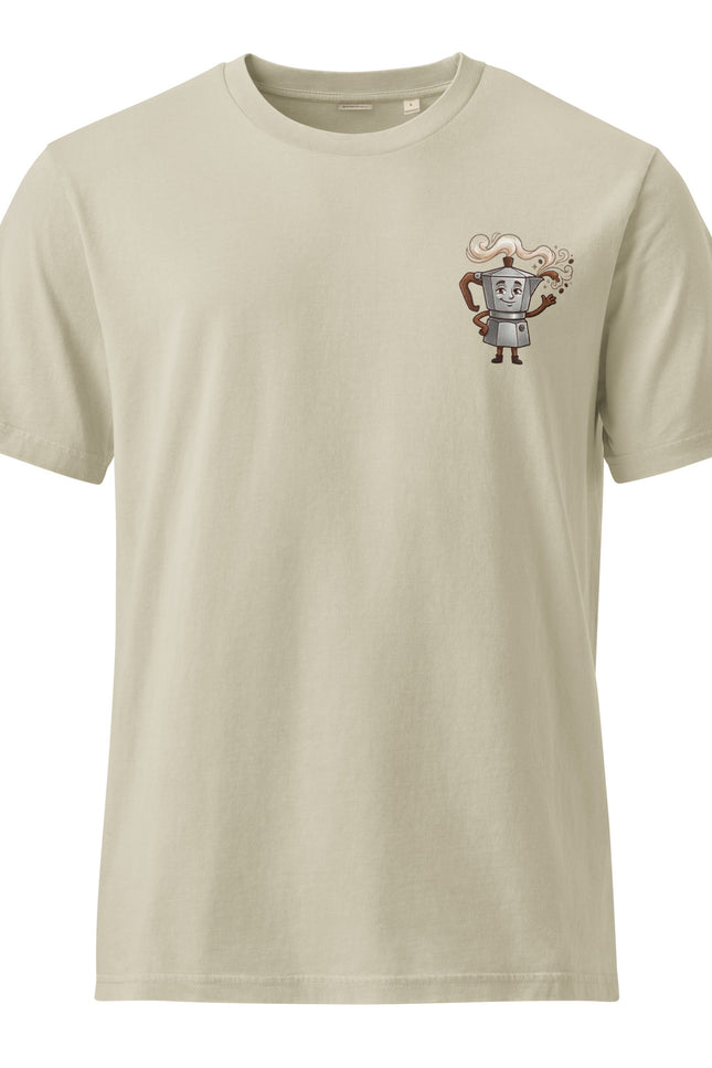 Greca stovetop moka pot character illustration on garment-dyed vintage t-shirt from Del Conuco