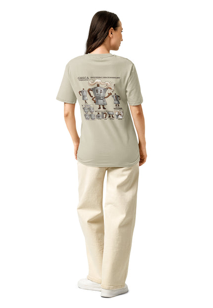 Greca stovetop moka pot character illustration on garment-dyed vintage t-shirt from Del Conuco