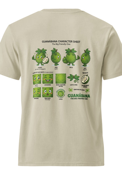 Guanabana soursop character illustration on garment-dyed vintage t-shirt from Del Conuco