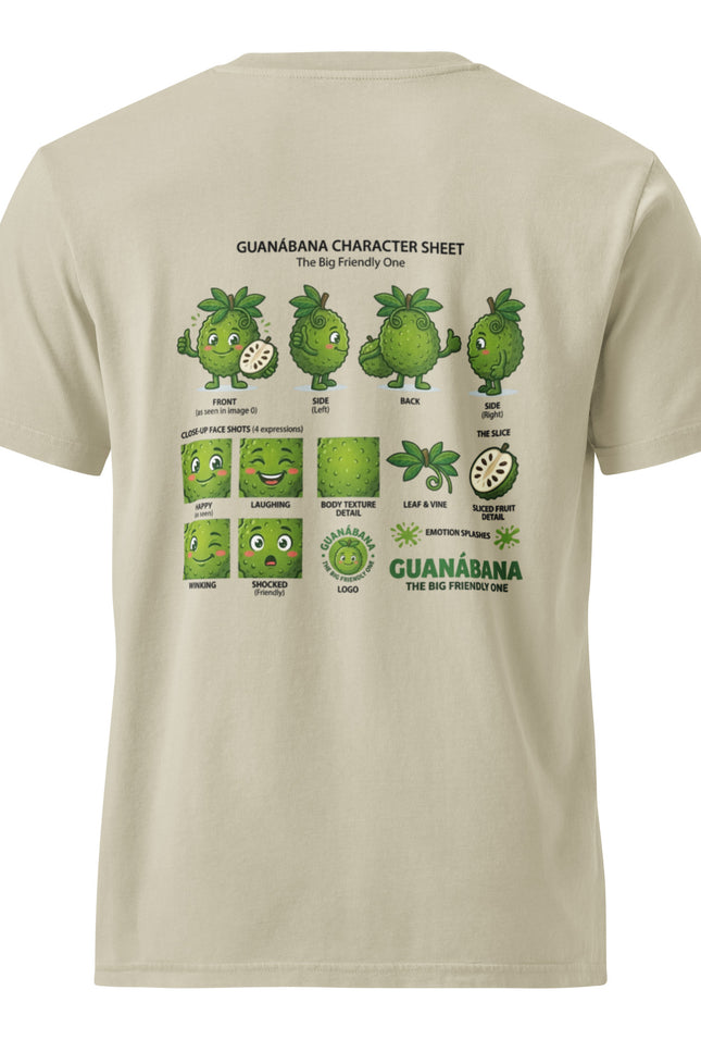 Guanabana soursop character illustration on garment-dyed vintage t-shirt from Del Conuco