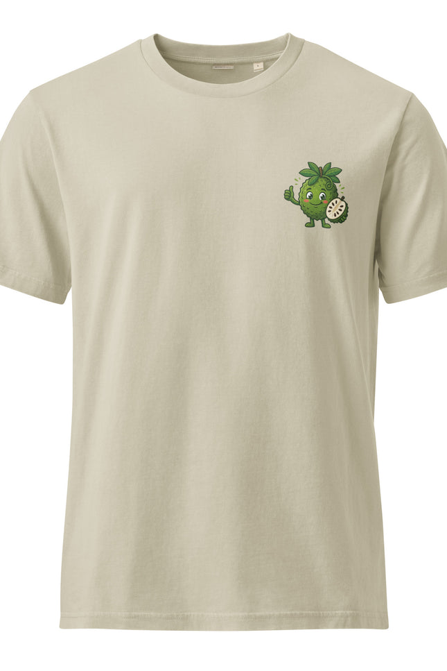 Guanabana soursop character illustration on garment-dyed vintage t-shirt from Del Conuco