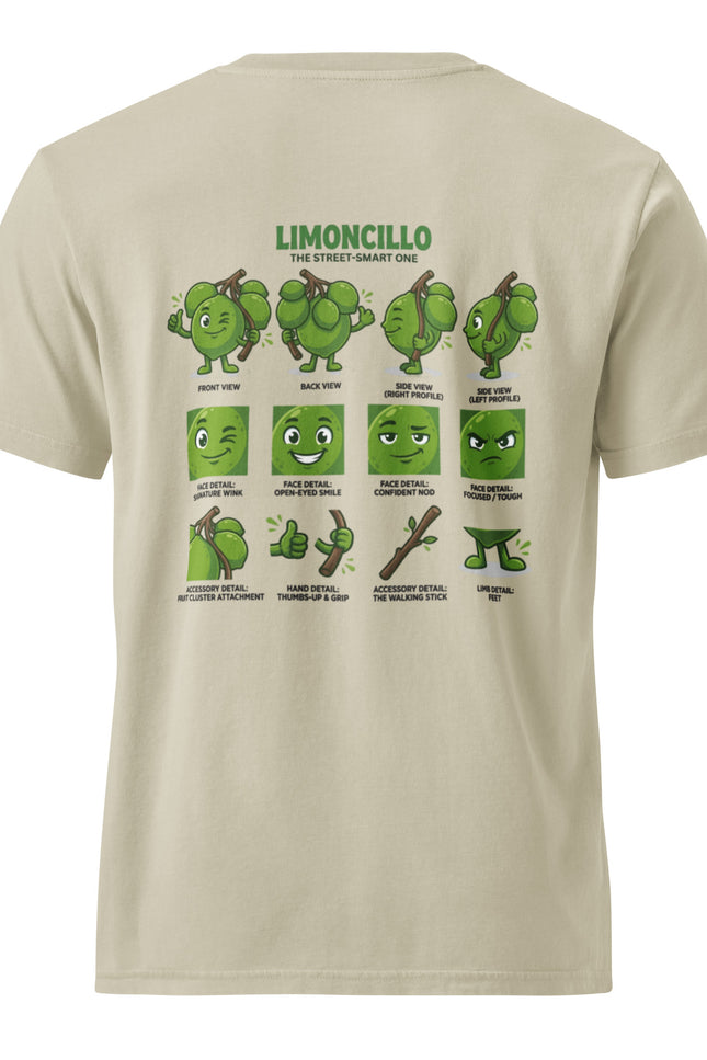 Limoncillo quenepa character illustration on garment-dyed vintage t-shirt from Del Conuco