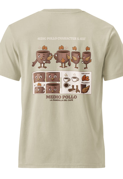 Medio Pollo ambiguous coffee character illustration on garment-dyed vintage t-shirt from Del Conuco