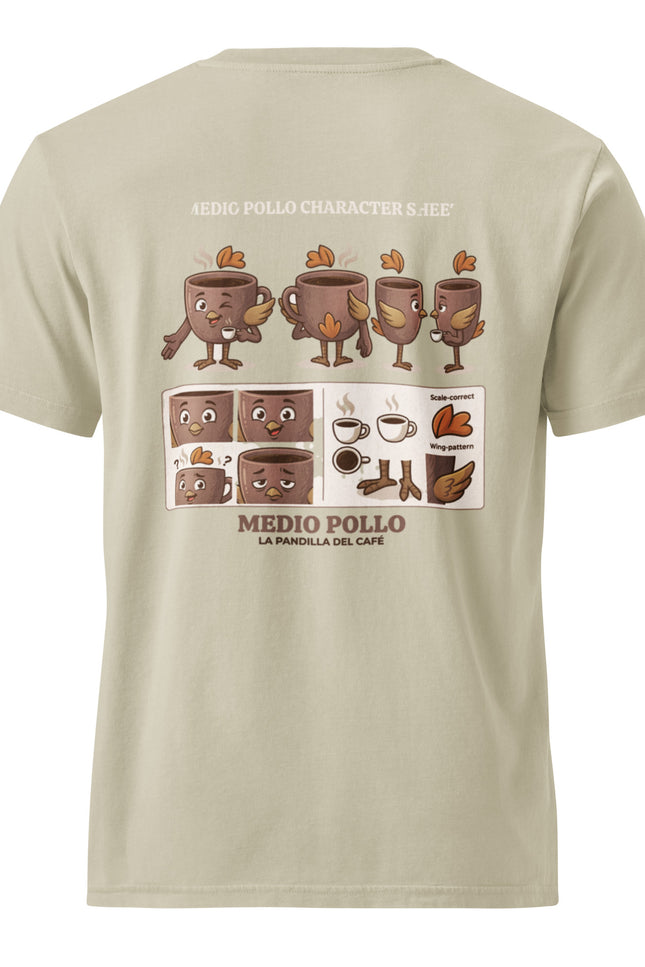 Medio Pollo ambiguous coffee character illustration on garment-dyed vintage t-shirt from Del Conuco
