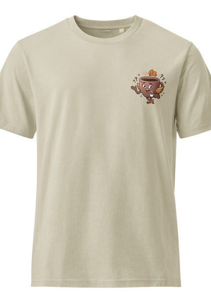 Medio Pollo ambiguous coffee character illustration on garment-dyed vintage t-shirt from Del Conuco