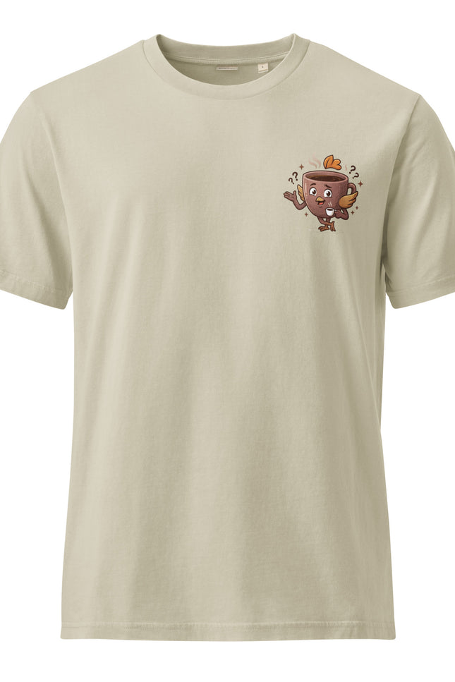 Medio Pollo ambiguous coffee character illustration on garment-dyed vintage t-shirt from Del Conuco