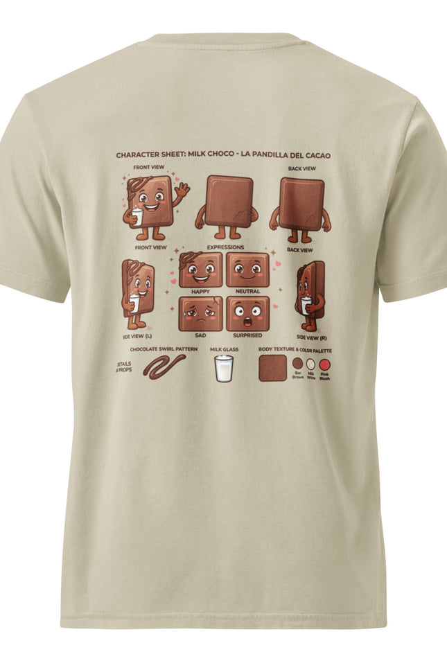Milk Choco milk chocolate character illustration on garment-dyed vintage t-shirt from Del Conuco
