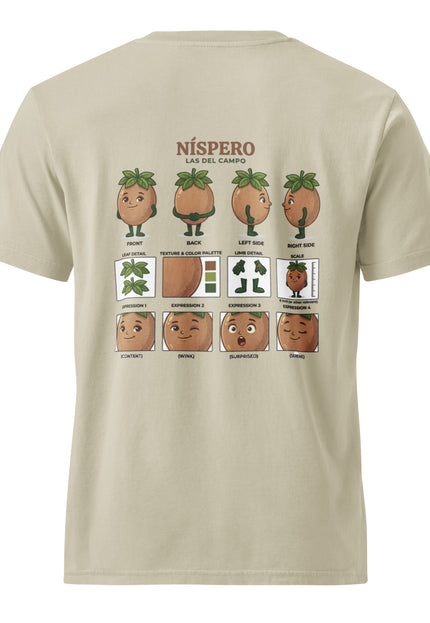 Nispero sapodilla character illustration on garment-dyed vintage t-shirt from Del Conuco