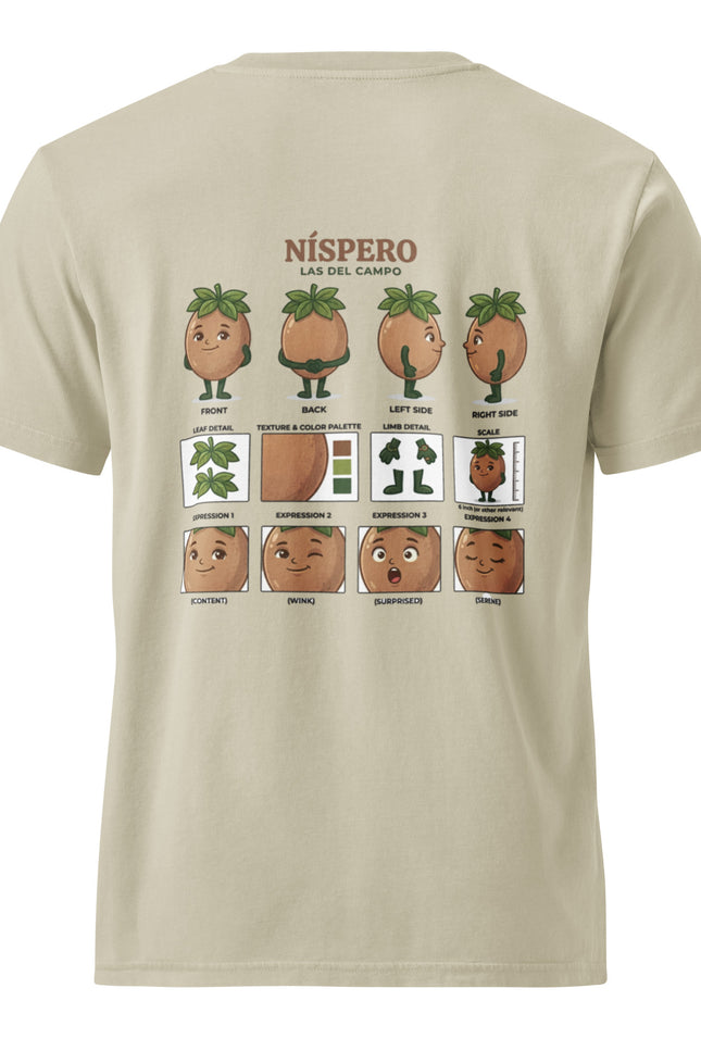 Nispero sapodilla character illustration on garment-dyed vintage t-shirt from Del Conuco