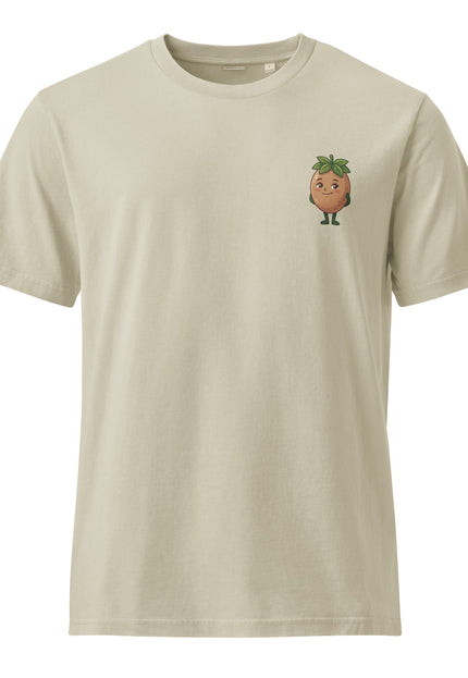 Nispero sapodilla character illustration on garment-dyed vintage t-shirt from Del Conuco