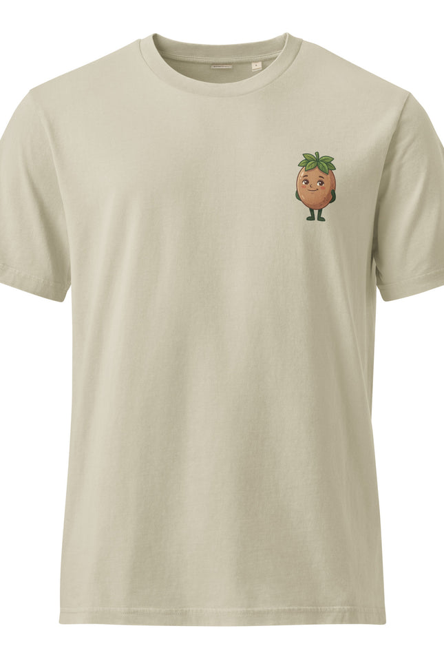 Nispero sapodilla character illustration on garment-dyed vintage t-shirt from Del Conuco