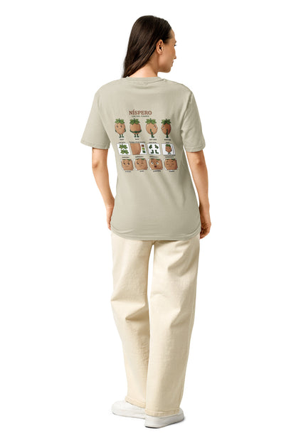 Nispero sapodilla character illustration on garment-dyed vintage t-shirt from Del Conuco