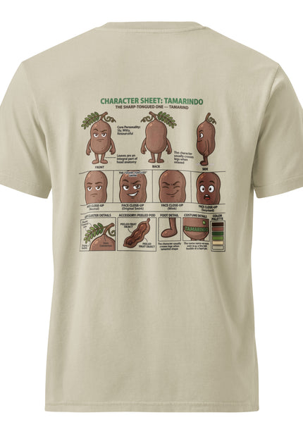 Tamarindo tamarind character illustration on garment-dyed vintage t-shirt from Del Conuco