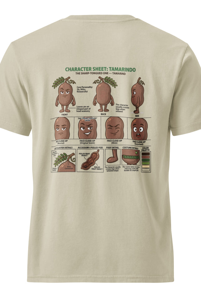 Tamarindo tamarind character illustration on garment-dyed vintage t-shirt from Del Conuco