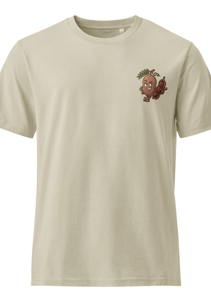 Tamarindo tamarind character illustration on garment-dyed vintage t-shirt from Del Conuco