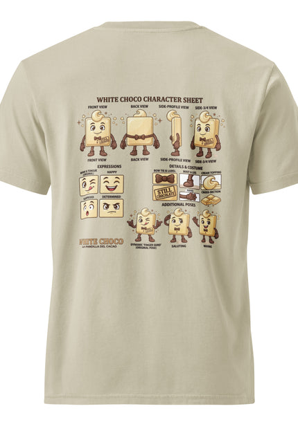 White Choco white chocolate character illustration on garment-dyed vintage t-shirt from Del Conuco