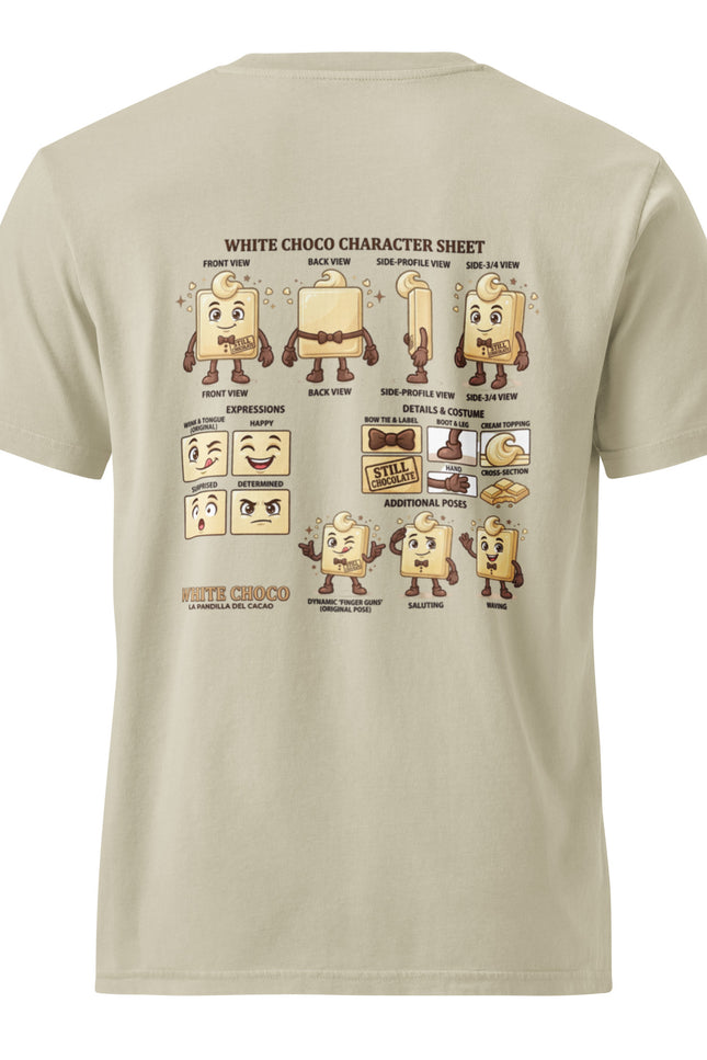 White Choco white chocolate character illustration on garment-dyed vintage t-shirt from Del Conuco
