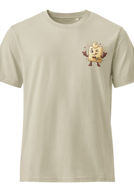 White Choco white chocolate character illustration on garment-dyed vintage t-shirt from Del Conuco