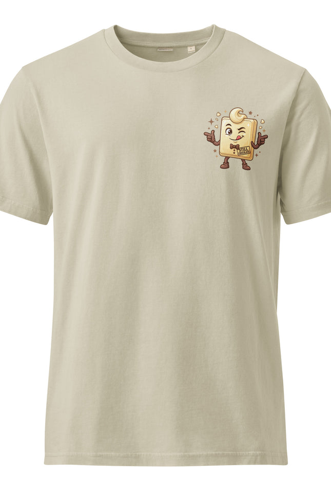 White Choco white chocolate character illustration on garment-dyed vintage t-shirt from Del Conuco