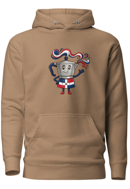 Premium hoodie with Greca character art featuring Dominican stovetop moka pot with red white and blue Dominican flag ribbons flowing from top