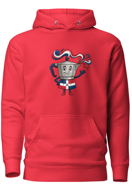 Premium hoodie with Greca character art featuring Dominican stovetop moka pot with red white and blue Dominican flag ribbons flowing from top