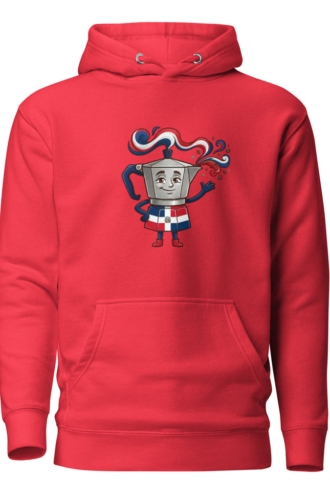 Premium hoodie with Greca character art featuring Dominican stovetop moka pot with red white and blue Dominican flag ribbons flowing from top