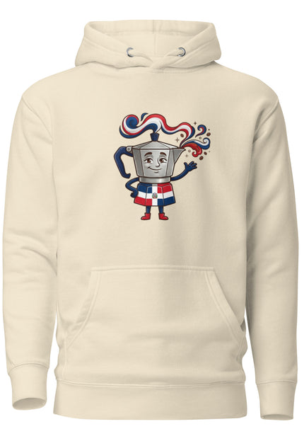 Premium hoodie with Greca character art featuring Dominican stovetop moka pot with red white and blue Dominican flag ribbons flowing from top
