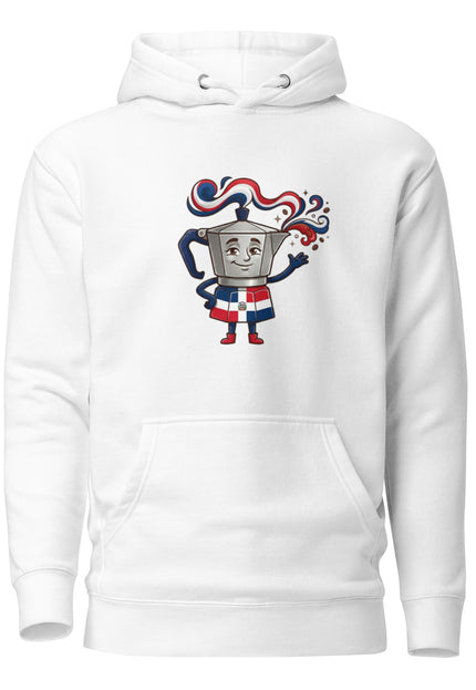 Premium hoodie with Greca character art featuring Dominican stovetop moka pot with red white and blue Dominican flag ribbons flowing from top