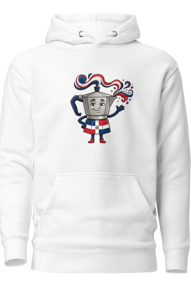 Premium hoodie with Greca character art featuring Dominican stovetop moka pot with red white and blue Dominican flag ribbons flowing from top