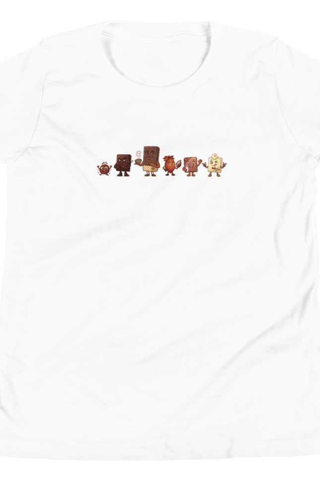 White youth t-shirt with all six La Pandilla del Cacao characters lined up across chest including Brown Buddy Dark Choco Milk Choco White Choco Embajador and Cacao Nibs from Del Conuco