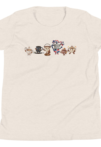 Heather dust youth t-shirt with all six La Pandilla del Cafe characters lined up across chest including Cafecito Greca Cafe con Leche Colador Cafe Amargo and Medio Pollo from Del Conuco